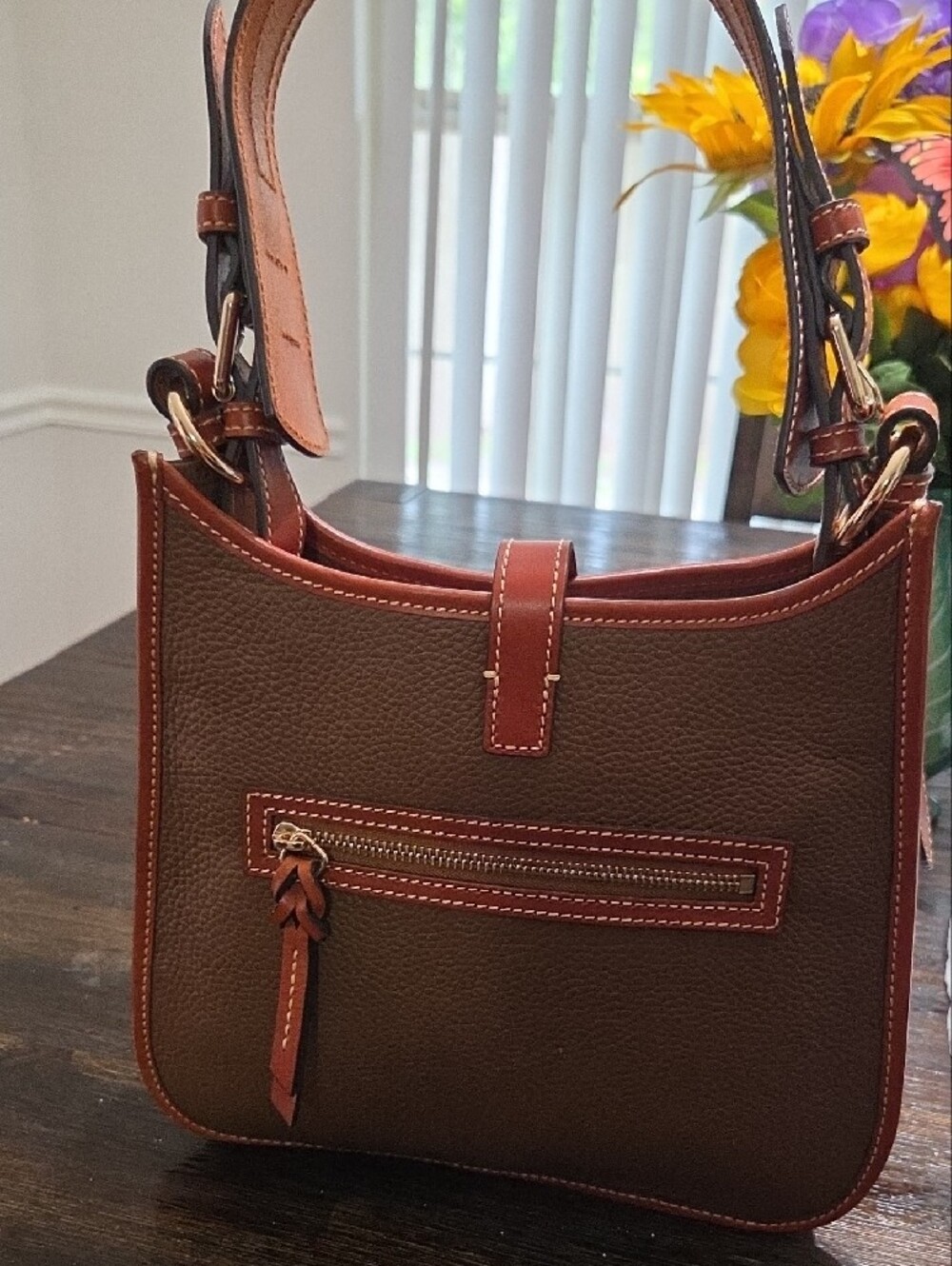 Dooney & Bourke Brown Pebbled Leather Shoulder Bag with Tan Trim - Picture 3 of 13
